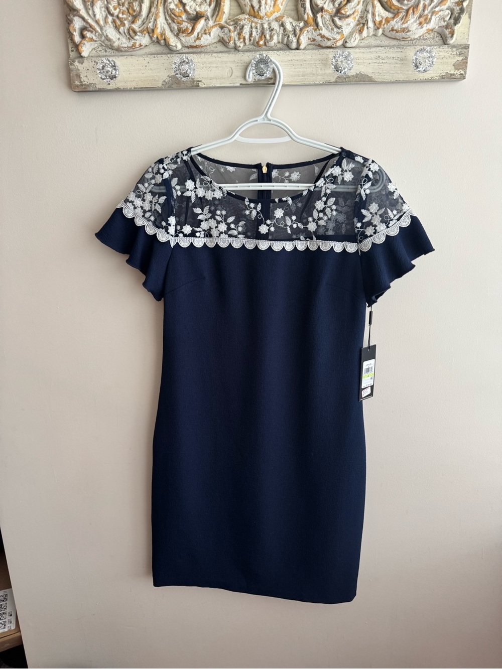 Karl Lagerfeld Navy Midi Dress with White Floral Lace Yoke